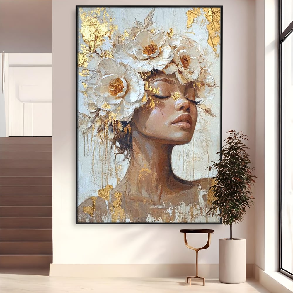 Tablou canvas cu tablou canvas cu portretul unei femei, in rama de aluminiu negru